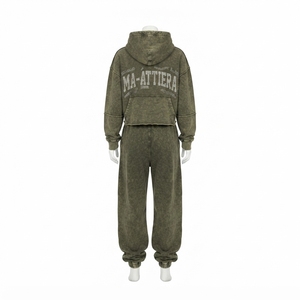 Ensemble survêtement streetwear surdimensionné en molleton de coton vert olive délavé pour femme, personnalisable, vente en gros OEM - Product Image 4