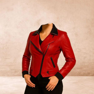 Chaqueta de Motociclista de Cuero Rojo Hecha a Mano, Chaqueta de Moto para Mujer con Cuello Negro - Product Image 2