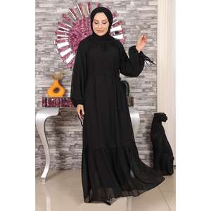 Robe de soirée longue en mousseline de soie avec dentelle, taille naturelle, col rond, coupe trapèze, manches bouffantes, 100% coton, taille XS - Product Image 4