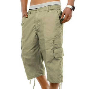 กางเกงขาสั้นผ้าคอตตอนแบบหลายกระเป๋าสำหรับผู้ชายระบายอากาศได้ดีกางเกงคาร์โก้แบบลำลองเอวยางยืดใส่สบาย - Product Image 3