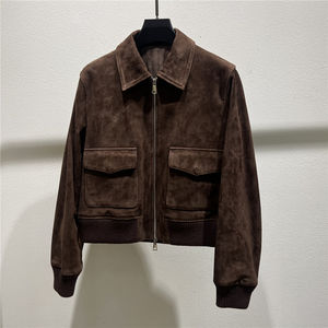 Customize High Quality High Street Casual Nubuck <b>Suede</b> Cow Leather <b>Jacket</b> Canvas Stand Collar Front Logo Breathable Linen Men - Product Image 1