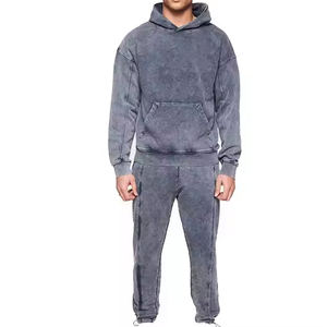 Custom Oversize Essentials Heavyweight Cotton Sweatsuit Apilados Sudadera con capucha en blanco y pantalones de chándal Stone Wash Sweat Suits Hombres - Product Image 1