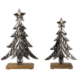 Silver Aluminum Christmas <b>Tree</b> <b>Decoration</b> with Wooden Base Modern Hammered Finish Holiday Tabletop Ornament Set - Product Image 1
