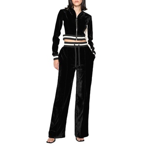 Ensemble de survêtement en velours pour femmes, 2 pièces, fermeture éclair en polyester, taille côtelée, haut court en velours, veste et pantalon, ensemble de jogging 2 pièces, 2026 - Product Image 1