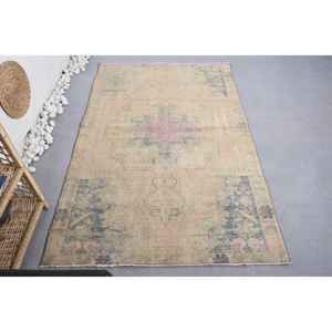 พรมขนสัตว์ทำมือสไตล์ตุรกีวินเทจ, พรมห้องนั่งเล่น6.7ft x 4.2สี่เหลี่ยมผืนผ้าเย็บปะติดปะต่อกันสีชมพูสีเบจ - Product Image 1