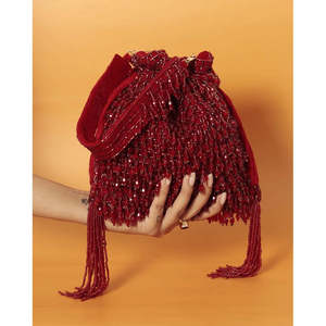 Pochette Potli indienne faite à la main, style bohème, broderie géométrique à pampilles, durable, ornée de diamants et de chaînes de perles, pour cadeaux de mariage et de demoiselles d'honneur - Product Image 1