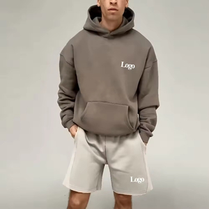 2025 New Two-Piece Full-Sleeve Fleece Polyester/Cotton Breathable Oversize Hoodie & Shorts <b>Set</b> Men's High Street Style OEM - Product Image 2