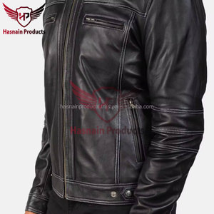 <b>Mens</b> Real Black Leather <b>Jacket</b> Contrast Stitch Band Collar Sheepskin Cafe Racer Coat Custom Vintage Winter Biker Outerwear - Product Image 5