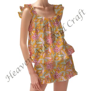 New Arrival Hand Block Floral Print Shorts Pajama Set Spring/Summer Floral Fitted Strappy Ruffle <b>Trim</b> Sleeves PJ Set - Product Image 2