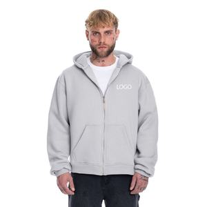<b>Mens</b> Light <b>Grey</b> Full Zip Hoodie Custom Logo Oversized Sweatshirt Jacket Split Kangaroo Pocket Casual Streetwear OEM ODM - Product Image 1