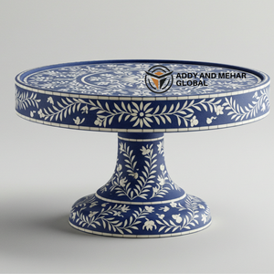 Support à gâteau de luxe en incrustation d'os bleu fabriqué à la main assiette à dessert sur pied en feuille florale - Product Image 6