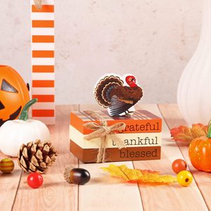 Thanksgiving Decoracion Fall Tiered Tray Decor, 3 Mini Wooden <b>Book</b> Stacks and 1 Wooden Turkey Are Perfect Decorations for Fall - Product Image 6