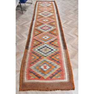 Turkish Vintage <b>Rug</b>, 2.9x11.3 ft <b>Runner</b> <b>Rug</b>, Orange Gray Abstract <b>Rug</b> - Product Image 1