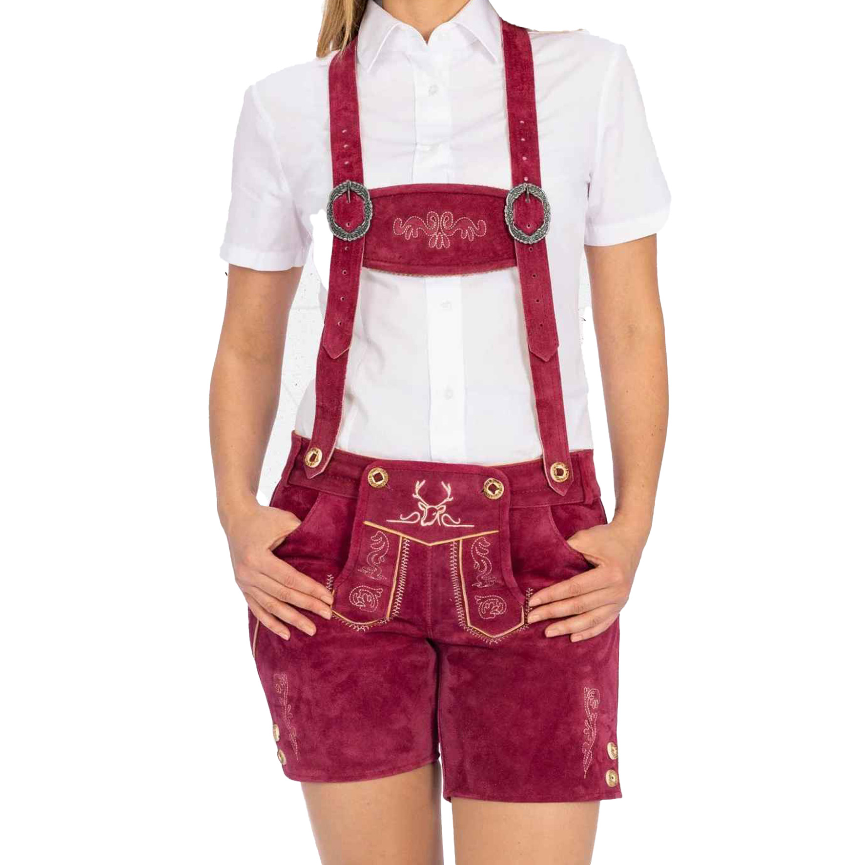 맞춤형 OEM 디자인 저렴한 가격 바이에른 여성 짧은 바지 체리 레드 정통 가죽 Lederhosen 여성용.