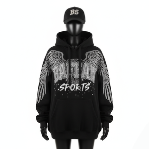 Sudadera con capucha de lujo con diamantes de imitación para mujer 320 GSM Heavy Fleece Cotton Black Sparkle Design Oversized Custom Logo Women Basics Hoodies - Product Image 1