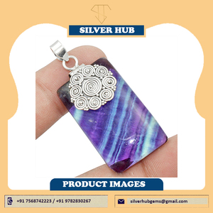 Beau pendentif élégant en forme de rectangle de fluorite avec pierres précieuses en argent sterling 925 bijoux solides fournisseur en gros bijoux faits à la main - Product Image 6