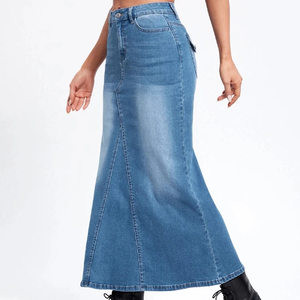 Jupe longue en jean cargo taille haute, nouvelle arrivée été-automne, fente devant, vintage, bleu, ourlet effiloché - Product Image 6