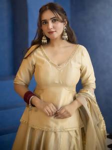 Designer Beads Hand Embroidery Work Vichitra Silk <b>Top</b> With <b>Lehenga</b> Bottom And Tabby Organza Silk Dupatta Ready To Wear Set - Product Image 3