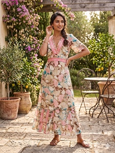 Free Size Y2K Simple <b>Boho</b> Indian Woven Silk A-Line Maxi Floral Print Korean <b>Summer</b> V-neck Flare Sleeve Breathable Casual <b>Dress</b> - Product Image 3
