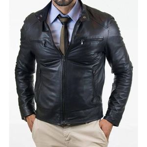 C'est une veste de motard classique matelassée en cuir d'agneau beige et orange pour homme. - Product Image 5