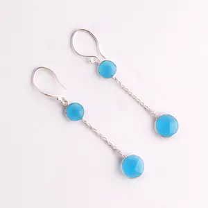 Hot style checker cut round sky blue chalcedony drop earring silver plated chain design hanging earring wholesale custom jewelry