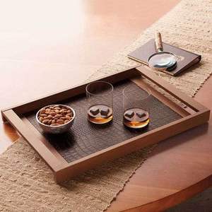 Rectangle Shape Newly Design <b>Wooden</b> Serving Tray With Comfortable Full Length Handle on Both <b>Edges</b> Premium Pure Leather Tray - Product Image 1