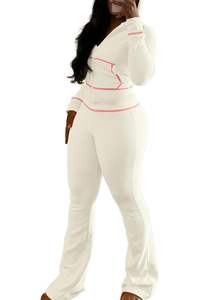 Conjunto de ropa deportiva Retro Y2K de dos piezas para mujer, pantalones de chándal con capucha y corte de bota acampanado, conjunto de patrón sólido - Product Image 2