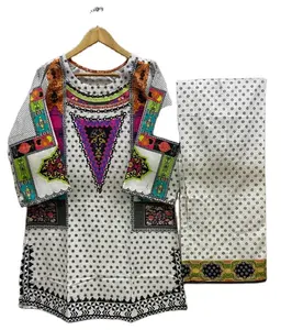 Bayanlar için 2024 hazır pakistanlı kurti pantolon nefes ve artı boyutu işlemeli çim/pamuk takım elbise