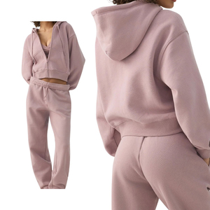 New <b>Women</b> Solid Hooded Zip Front Crop Top Sweatpants Set 2 Piece <b>Jogger</b> Tracksuit Loose Fit Full Length <b>Fleece</b> Casual All Season - Product Image 1