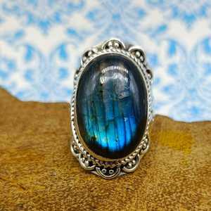 Bague en pierres précieuses labradorite naturelle semi-précieuse bijoux pierre de forme ovale bagues fines en argent sterling 925 pour hommes et femmes - Product Image 2