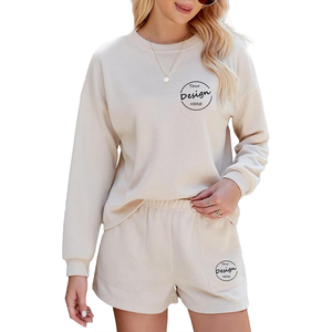 Conjuntos Deportivos para Mujer al por Mayor, Conjunto de Sudadera de Cuello Redondo y Pantalones Cortos para Mujer, Conjunto de Sudadera Informal de Manga Larga y Pantalones Cortos - Product Image 5