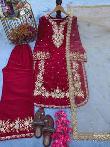 Mode indienne : Nouveau design, ensemble haut et palazzo pour soirée, orné de broderies de sequins et de perles faites à la main, avec dupatta en tulle papillon - Product Image 4