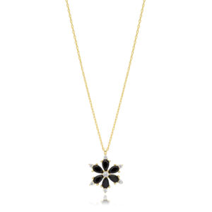 Fleur Design Noir Zircon Pierre Charme Collier Pendentif Turc À La Main 925 Bijoux En Argent Sterling - Product Image 2