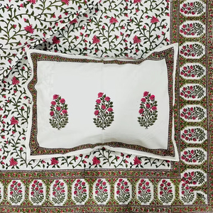 Sábana hecha a mano Jaipuri de 100% algodón con estampado de bloque de mano con juego de funda de almohada, Sábana hecha a mano con diseño de borde - Product Image 1