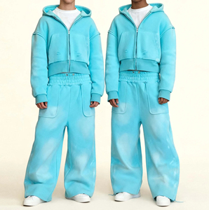 Unisex Cyan Crew Neck Tracksuit Set Elastic Waist Breathable Lightweight Loose Fit Solid Color Cotton Casual Wear Streetwear - Product Image 5