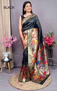 Sari Paithani Azul de Mezcla de Seda Tejida para Mujer, Diseño de Diseñador, para Fiestas, por Fabzone - Product Image 3