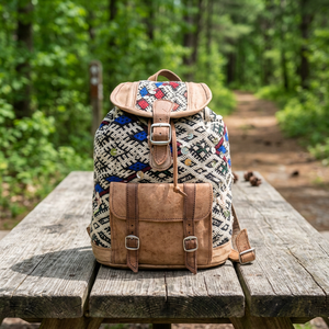 Handmade Kilim Backpack <b>With</b> Leather Accents Drawstring Closure Unisex <b>Travel</b> <b>Bag</b> Classic Style Durable - Product Image 2