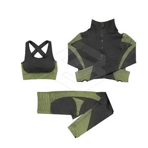 3-Piece Seamless Gym Yoga Set Sports Bra <b>Leggings</b> & <b>Long</b> Sleeve <b>Top</b> Yoga Set <b>For</b> Sale - Product Image 1