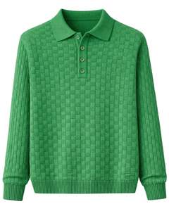 Suéter Polo de Punto con Textura de Gofre para Hombre, Manga Larga, Cuello con Botones, Informal, para Invierno, en Verde Brillante, para Venta al por Mayor - Product Image 1