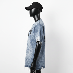 T-shirt en coton premium pour femmes, lavage à l'acide, 200 GSM, tissu doux et respirant, bleu gris, logo imprimé sur écran personnalisé, t-shirt en coton - Product Image 3