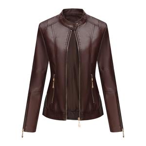 Veste en cuir mince à la mode pour femmes printemps automne haut décontracté avec col montant en PU coupe-vent et capuche vêtements de moto en plein air - Product Image 1