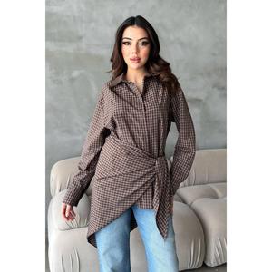 Chemise ample marron en tissu tissé avec détail de châle simple - 100 % coton respirant - Product Image 1
