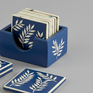 Indian Supplier Offers Handmade Blue & White Bone Inlay 3mm Thick Square Luxury <b>Coaster</b> <b>Set</b> <b>with</b> <b>Holder</b> Floral Pattern - Product Image 2