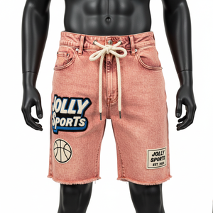 Premium Pink Acid Wash Denim <b>Shorts</b> Thick Cotton Denim Raw Hem Streetwear Custom Chenille <b>Patch</b> Logo <b>Men</b> Acid wash <b>men's</b> <b>shorts</b> - Product Image 4