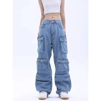 Multi Pocket Blue Washed Jeans Cargo Pants Retro Streetwear Fashion High Waist Jeans Couple Casual Wide Leg Pants