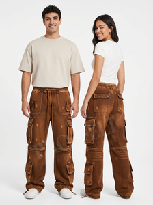 Pantalon cargo en denim de style vintage, jambe large, streetwear, coupe ample, utilitaire, multi-poches, mode, logo brodé personnalisé, pantalon en denim - Product Image 4