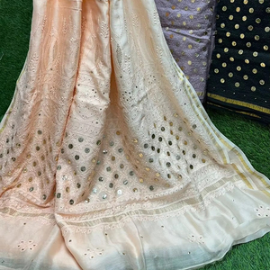 Sari de seda Chanderi puro con trabajo tradicional de Lucknowi Chikankari y Mukesh para ropa de fiesta - Product Image 5