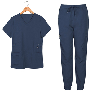 Conjunto de Uniforme Médico Azul Marino para Mujer, Blusa con Cuello en V y Bolsillos, Pantalones con Cordón, Uniformes de Hospital, Tela de Algodón y Poliéster - Product Image 1