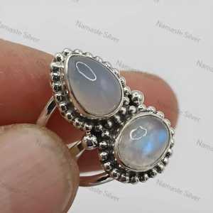 Chalcedony & Rainbow Moonstone Dual Gemstone Boho <b>Ring</b> Retro Style Handmade Sterling <b>Silver</b> <b>Statement</b> Jewelry Gift for Her - Product Image 2