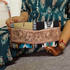New Western Style Aztec Tooled Leather Clutch Real Handmade Vintage Brown Tooling Unique Deck Of Cards Design Leather Wallet - Product Image 1
